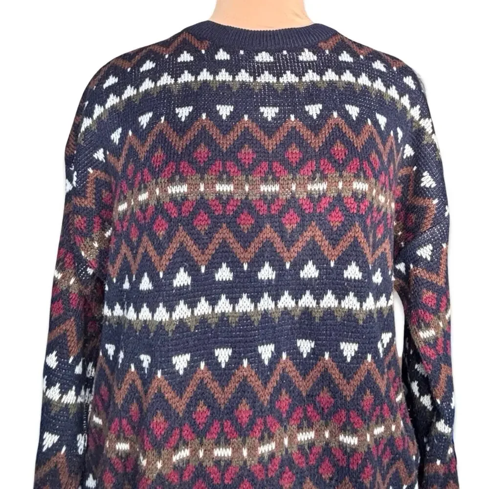 Vintage 90s Navy Blue Burgundy Fair Isle Knit Crewneck Sweater Mens XXL Cozy